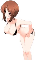 Rule 34 | 1girl, absurdres, aikir (jml5160), annoyed, bare arms, bare legs, bare shoulders, bikini, bikini pull, black bikini, breasts, brown eyes, brown hair, cleavage, closed mouth, clothes pull, girls und panzer, highres, leaning forward, looking at viewer, medium breasts, nishizumi miho, shiny skin, short hair, side-tie bikini bottom, simple background, solo, swimsuit, white background