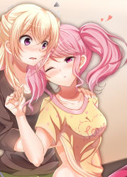 Rule 34 | 2girls, artist request, bang dream!, blonde hair, blush, brown shirt, clothes lift, clothes writing, commentary request, english text, hand on another&#039;s shoulder, hand under clothes, hand under shirt, heart, highres, looking at another, maruyama aya, multiple girls, one eye closed, open mouth, pink eyes, pink hair, purple eyes, shirasagi chisato, shirt, shirt lift, short sleeves, squiggle, trembling, twintails, uekara5, upper body, yellow shirt, yuri