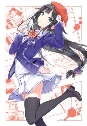 Rule 34 | 1boy, 1girl, arched back, beret, black hair, black thighhighs, blazer, blue eyes, blush, bow, bowtie, cover, cover page, hair bow, hair ornament, hat, jacket, loafers, long hair, long sleeves, looking at viewer, manga (object), manga no kami-sama, monochrome background, moriwaka yuzuriha, nib pen (object), novel cover, official art, original, pen, pleated skirt, purple bow, school uniform, shoes, skindentation, skirt, sleeves past wrists, solo focus, souda iori, standing, standing on one leg, sweater, thighhighs, tiv, zettai ryouiki