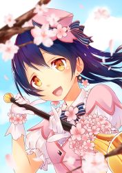 Rule 34 | 1girl, absurdres, blue hair, cherry blossoms, commentary request, dress, earrings, engawa (rarenago), gloves, hair between eyes, hat, highres, holding, jewelry, long hair, looking at viewer, love live!, love live! school idol festival, love live! school idol project, open mouth, pink dress, pink gloves, smile, solo, sonoda umi, yellow eyes