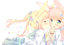 Rule 34 | 2girls, animal ears, blonde hair, blue flower, blush, brown eyes, ech, floral background, flower, food, food on face, green eyes, hair flower, hair ornament, half-closed eyes, holding, holding food, ice cream, ice cream cone, leaning forward, long hair, long sleeves, looking at another, looking at viewer, multiple girls, open mouth, original, parted lips, pink flower, pink hair, purple flower, rabbit ears, school uniform, serafuku, sleeves past wrists, teeth, twintails, upper body, white background, yellow flower, yuri