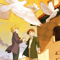 Rule 34 | 2boys, alfredo martini, bird, blonde hair, book, brown hair, building, dated, dove, green jacket, grin, holding, holding book, holding hands, jacket, looking up, male focus, multiple boys, open mouth, romeo (romeo no aoi sora), romeo no aoi sora, sakai yume, shirt, short hair, smile, teeth, upper teeth only, white bird, white shirt