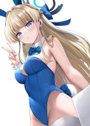 Rule 34 | 1girl, animal ears, bare shoulders, black bow, black bowtie, blonde hair, blue archive, blue bow, blue bowtie, blue eyes, blue leotard, blush, bow, bowtie, breasts, detached collar, fake animal ears, fake tail, fingernails, groin, halo, highleg, highleg leotard, izumi akane, leotard, long hair, looking at viewer, medium breasts, multicolored hair, official alternate costume, parted lips, playboy bunny, rabbit ears, rabbit tail, solo, strapless, strapless leotard, streaked hair, tail, thighhighs, toki (blue archive), toki (bunny) (blue archive), traditional bowtie, v, very long hair, white thighhighs, wrist cuffs