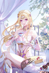 Rule 34 | 1girl, absurdres, artist request, bare shoulders, blonde hair, blue eyes, braid, branch, cake, chair, cherry, cup, curtains, detached collar, douluo dalu, dress, flower, food, fruit, hair ornament, highres, long hair, plate, qian renxue (douluo dalu), second-party source, sitting, smile, solo, table, tea, teacup, upper body, vase, white dress