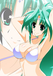 Rule 34 | 1girl, bikini, blush, breasts, cleavage, commentary request, engo (aquawatery), facial mark, forehead mark, green eyes, green hair, large breasts, lindy harlaown, long hair, looking at viewer, lyrical nanoha, mahou shoujo lyrical nanoha, mahou shoujo lyrical nanoha a&#039;s, ponytail, smile, solo, swimsuit, white bikini, zoom layer