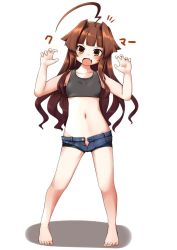 Rule 34 | 1girl, ahoge, alternate costume, barefoot, blush, breasts, brown eyes, brown hair, claw pose, denim, denim shorts, fang, highres, huge ahoge, kantai collection, kuma (kancolle), long hair, midriff, nassukun, navel, open mouth, shadow, short shorts, shorts, simple background, small breasts, solo, sports bra, standing, white background