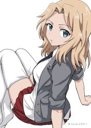 Rule 34 | 10s, 1girl, arm support, black necktie, blazer, blonde hair, blouse, blue eyes, collared shirt, commentary, emblem, feet, from behind, girls und panzer, grey jacket, hair intakes, invisible chair, jacket, kay (girls und panzer), leaning back, long hair, long sleeves, looking at viewer, looking back, miniskirt, necktie, no shoes, one-hour drawing challenge, open clothes, open jacket, parted lips, pleated skirt, red skirt, saunders (emblem), saunders school uniform, school uniform, shibagami, shirt, simple background, sitting, skindentation, skirt, sleeves rolled up, solo, thighhighs, twitter username, white background, white shirt, white thighhighs