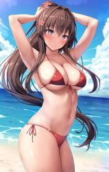Rule 34 | 1girl, beach, bikini, blush, breasts, brown eyes, brown hair, cleavage, collarbone, cowboy shot, day, flower, hair between eyes, hair flower, hair ornament, highres, kantai collection, large breasts, long hair, ocean, parted lips, pink flower, ponytail, red bikini, ruschuto, solo, swimsuit, very long hair, yamato (kancolle)
