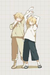 Rule 34 | &gt; &lt;, 1boy, 1girl, alternate costume, arm up, arms up, blonde hair, casual, closed eyes, closed mouth, collared shirt, don quixote (project moon), full body, grid background, hand to own mouth, highres, korean commentary, limbus company, long sleeves, messy hair, open mouth, pajamas, project moon, shirt, short hair, short sleeves, simple background, sinclair (project moon), sleepy, slippers, socks, standing, stretching, white background, white shirt, white socks, yawning, yeong-il