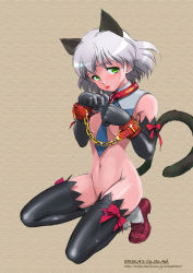 Rule 34 | 1girl, animal ears, bdsm, black thighhighs, bondage, bottomless, bound, bound wrists, breasts, cat ears, chain, collar, cuffs, detached collar, erika850, fake animal ears, female focus, gloves, green eyes, grey hair, kneeling, looking at viewer, navel, necktie, nipples, red collar, ribbon, sanya v. litvyak, shoes, short hair, simple background, socks, solo, strike witches, tail, thighhighs, tongue, tongue out, watermark, world witches series, wrist cuffs