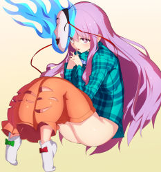 Rule 34 | 1girl, amorphous, ass, asymmetrical footwear, blue fire, blush, bow, bubble skirt, clothes pull, fire, full body, green shirt, hata no kokoro, highres, hyottoko mask, long hair, long sleeves, mask, mask on head, no panties, noh mask, oni mask, open mouth, orange skirt, own hands together, partially undressed, pink eyes, pink hair, shirt, simple background, skirt, skirt cutout, skirt pull, socks, solo, thighs, touhou, white socks
