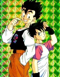 Rule 34 | 1boy, 1girl, black hair, breasts, couple, dragonball z, happy, official art, short hair, small breasts, smile, son gohan, videl