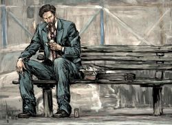 Rule 34 | 1boy, bench, can, eating, facing viewer, formal, full body, inogashira gorou, keanu reeves, kodoku no gourmet, male focus, manly, meme, moto murabito, necktie, outdoors, parody, real life, realistic, sitting, small head, solo, suit