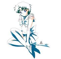 Rule 34 | 1girl, anello81, bishoujo senshi sailor moon, blue bow, blue bowtie, blue eyes, blue sailor collar, boots, bow, bowtie, commentary, ear piercing, elbow gloves, female focus, flat color, gloves, green hair, heart, high heels, highres, italian commentary, knee boots, light smile, looking at viewer, magical girl, mizuno ami, piercing, sailor collar, sailor mercury, sailor senshi, sailor senshi uniform, short hair, short sleeves, signature, simple background, sitting, solo, tiara, white background, white gloves