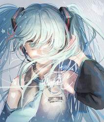 Rule 34 | 1girl, aqua eyes, aqua hair, arm at side, bare shoulders, black sleeves, blue necktie, closed mouth, clothes lift, collared shirt, detached sleeves, eyelashes, floating hair, grey background, grey shirt, hair between eyes, hair over mouth, hair over one eye, hatsune miku, light smile, long hair, looking at viewer, messy hair, mizutame tori, muted color, necktie, shirt, shoulder tattoo, simple background, sleeveless, sleeveless shirt, solo, star (symbol), star in eye, symbol in eye, tattoo, twintails, upper body, very long hair, vocaloid, wide sleeves