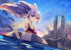 Rule 34 | 1girl, animal ears, azur lane, bare arms, bare shoulders, blue sky, breasts, cannon, closed mouth, cloud, cloudy sky, collarbone, crossover, fake animal ears, hair between eyes, hairband, highres, laffey (azur lane), lifebuoy, long hair, manjirou (manji illust), mecha, one-piece swimsuit, outdoors, pink hairband, ponytail, purple hair, rabbit ears, red eyes, red one-piece swimsuit, robot, sky, small breasts, solo, spacecraft, sunset, swim ring, swimsuit, water