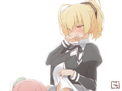 Rule 34 | 2girls, ahoge, andou tazusa, artist name, assault lily, black ribbon, blonde hair, blush, breasts, buttons, closed mouth, clothes lift, clover hair ornament, commentary, covering own mouth, cropped jacket, embarrassed, four-leaf clover hair ornament, gochisousama (tanin050), hair between eyes, hair ornament, hair ribbon, half-closed eyes, hand up, hands up, high ponytail, hitotsuyanagi riri, juliet sleeves, large breasts, lifting own clothes, lifting another&#039;s clothes, long sleeves, looking at another, looking down, motion lines, multiple girls, navel, neck ribbon, nose blush, one side up, pink hair, ponytail, puffy sleeves, red eyes, ribbon, school uniform, shirt, shirt lift, short hair, simple background, solo focus, sweat, two-tone ribbon, upper body, white background, white shirt, yellow ribbon, yuri, yurigaoka girls academy school uniform