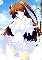 Rule 34 | 10s, 1girl, ;d, absurdres, breasts, brown eyes, brown hair, capelet, cleavage, clothes lift, cloud, dress, dress lift, elbow gloves, female focus, gloves, head tilt, higa yukari, highres, holding, holding microphone, legs, looking at viewer, microphone, ogiso setsuna, one eye closed, open mouth, outstretched arm, scan, sky, smile, snowflakes, solo, standing, strapless, strapless dress, thighhighs, tongue, tongue out, two side up, white album (series), white album 2, white dress, white gloves, white thighhighs, wink, winter