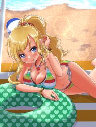 Rule 34 | 1girl, ball, beach, beachball, bikini, blonde hair, blue eyes, bracelet, breast press, breasts, cleavage, commentary request, feet out of frame, highres, idolmaster, idolmaster cinderella girls, innertube, jewelry, large breasts, lens flare, lying, ohtsuki yui, on stomach, pien., ponytail, sand, solo, split mouth, striped bikini, striped clothes, swim ring, swimsuit, waves