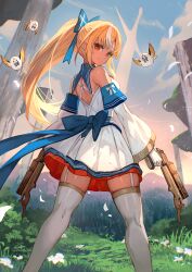Rule 34 | 1girl, back, back cutout, bird, blonde hair, bow, clothing cutout, dark-skinned female, dark elf, dark skin, detached sleeves, dress, elf, elfriend (shiranui flare), fantasy, garter straps, gloves, gun, hair bow, handgun, highres, holding, holding gun, holding weapon, hololive, hololive fantasy, lack, looking at viewer, looking back, multicolored hair, outdoors, pointy ears, ponytail, red eyes, shiranui flare, shiranui flare (1st costume), sidelocks, sleeveless, sleeveless dress, standing, streaked hair, thighhighs, virtual youtuber, weapon, white dress, white gloves, white thighhighs