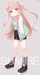 Rule 34 | 1girl, black shorts, blush, brown footwear, closed mouth, commentary request, full body, green jacket, grey background, grey shirt, hands in pockets, highres, jacket, kokone (coconeeeco), light brown hair, long hair, looking at viewer, one side up, open clothes, open jacket, original, purple eyes, purple socks, shirt, shoes, short shorts, shorts, signature, simple background, socks, solo, standing, very long hair