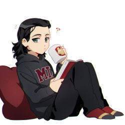 Rule 34 | 1boy, ?, alternate costume, animification, black hair, black pants, book, character print, closed mouth, clothes writing, cup, full body, green eyes, grey hoodie, hands up, holding, holding book, holding cup, hood, hoodie, iron man, loki (marvel), long sleeves, looking afar, male focus, marvel, marvel cinematic universe, medium hair, murdermuffinloki, open book, pants, pillow, red socks, simple background, sitting, socks, solo, white background