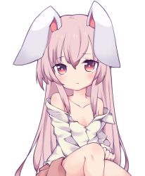 Rule 34 | 1girl, animal ears, bare shoulders, blush, breasts, buttons, closed mouth, collarbone, cycloneyukari, dress, eyes visible through hair, hair between eyes, light purple hair, long hair, long sleeves, looking at viewer, pink skirt, purple dress, rabbit ears, red eyes, reisen udongein inaba, shirt, simple background, sitting, skirt, small breasts, solo, touhou, white background, white shirt