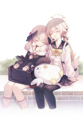 Rule 34 | 2girls, absurdres, backpack, bag, black cardigan, black pantyhose, black sailor collar, black wings, blue archive, bow, bowtie, cardigan, closed eyes, cropped legs, feet out of frame, frilled skirt, frills, halo, head wings, hifumi (blue archive), highres, koharu (blue archive), leaning on person, light brown hair, long hair, long sleeves, low twintails, low wings, multiple girls, neckerchief, negirate, off shoulder, pantyhose, peroro (blue archive), pink hair, pink neckerchief, sailor collar, school bag, school uniform, sitting, skirt, sleeping, sleeping on person, sleeping upright, stuffed toy, twintails, white background, white bag, white cardigan, white legwear, white sailor collar, wing hair ornament, wings, yellow bow, yellow bowtie