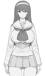 Rule 34 | 10s, 1girl, a1 (initial-g), alternate breast size, arms at sides, commentary request, covered erect nipples, cowboy shot, curvy, girls und panzer, gluteal fold, greyscale, hairband, long hair, looking at viewer, microskirt, miniskirt, mogudan (style), monochrome, ooarai school uniform, panties, pantyshot, pleated skirt, reizei mako, school uniform, serafuku, simple background, skirt, solo, standing, thighs, underwear, white background