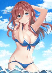 Rule 34 | 1girl, bare shoulders, bikini, bikini top only, blue bikini, blue eyes, blue sky, breasts, brown hair, cleavage, cloud, collarbone, day, female focus, front-tie bikini top, front-tie top, go-toubun no hanayome, highres, large breasts, long hair, looking at viewer, mashiron (shiroon03), nakano miku, outdoors, sky, solo, standing, stomach, swimsuit, thighs, water