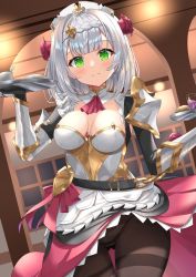 Rule 34 | 1girl, armor, ascot, bad id, bad pixiv id, black pantyhose, blush, braid, breasts, burger, cleavage, closed mouth, commentary request, corset, cowboy shot, cup, drinking glass, flower, food, genshin impact, gluteal fold, green eyes, hair flower, hair ornament, highres, holding, holding tray, indoors, kanaria hisagi, looking at viewer, medium breasts, noelle (genshin impact), panties, panties under pantyhose, pantyhose, pauldrons, pink skirt, purple ascot, purple flower, purple rose, rose, short hair, shoulder armor, silver hair, skirt, smile, solo, thighband pantyhose, tray, underbust, underwear, upskirt, vambraces, white headwear