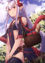 Rule 34 | 1girl, ahoge, apple, bandeau, bare shoulders, basket, black choker, black skirt, blue sky, braid, choker, clothing cutout, cloud, commentary request, cowboy shot, day, dragon girl, dragon horns, dragon tail, facial mark, fang, fang out, food, french braid, fruit, grass, hair between eyes, holding, holding with tail, horns, ibuki notsu, light purple hair, long hair, looking at viewer, melusine (ibuki notsu), miniskirt, original, outdoors, own hands together, pointy ears, prehensile tail, red eyes, shoulder cutout, sitting, skin fang, skirt, sky, smile, solo, strapless, tail, thighhighs, tube top, v arms, very long hair