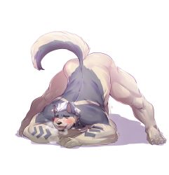 Rule 34 | 1boy, animal ears, arm rest, ass, bara, beenic, blush, breath, commission, completely nude, dog boy, dog ears, dog tail, flexible, full body, furry, furry male, hands on ground, highres, jack-o&#039; challenge, looking at viewer, male focus, muscular, muscular male, nude, original, short hair, smile, solo, spread legs, tail, tail raised, thick eyebrows, thick thighs, thighs, tongue, tongue out, top-down bottom-up, uken l, white background, wide spread legs