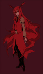 1girl arm_garter bat_wings buckle buttons dress_shirt embodiment_of_scarlet_devil female_focus full_body head_wings high_heels highres koakuma long_hair long_sleeves looking_at_viewer necktie pants pict-pict red_eyes red_hair red_theme shirt shoes simple_background skirt solo standing touhou vest wings