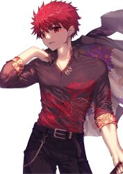 Rule 34 | 1boy, absurdres, alternate costume, animal print, belt, belt buckle, black belt, black pants, brown shirt, buckle, chain, chrysanthemum print, collarbone, commentary, cowboy shot, dress shirt, ear piercing, earrings, emiya shirou, fate/grand order, fate (series), fish print, floral print, flower, formal, hand up, highres, holding, holding clothes, holding jacket, jacket, unworn jacket, jewelry, looking at viewer, male focus, nakanishi tatsuya, neck ring, pants, parted lips, piercing, red eyes, red hair, revision, ring, senji muramasa (fate), shirt, shirt tucked in, simple background, sleeves rolled up, solo, spider lily, spider lily print, suit, upper body, white background