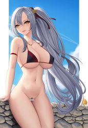 Rule 34 | 1girl, adapted costume, ahoge, arm strap, azur lane, bar censor, bare shoulders, bikini, bird, black bikini, blush, bottomless, breasts, censored, chick, cleavage, contrail, cowboy shot, day, drake (azur lane), embarrassed, female pubic hair, grey hair, hair between eyes, hair ribbon, halterneck, head tilt, highres, jewelry, large breasts, legs together, long hair, looking at viewer, micro bikini, narrow waist, navel, necklace, outdoors, parted lips, pubic hair, ribbon, side ponytail, sidelocks, skindentation, smile, solo, standing, stomach, string bikini, swimsuit, thighs, two-tone ribbon, very long hair, wavy hair, yellow eyes, zaphn