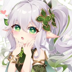Rule 34 | 1girl, absurdres, akovo, armlet, cape, commentary request, detached sleeves, dress, genshin impact, gradient hair, green cape, green eyes, hair between eyes, hair ornament, hands on own cheeks, hands on own face, heart, highres, leaf hair ornament, long hair, looking at viewer, multicolored hair, nahida (genshin impact), parted lips, pointy ears, short sleeves, side ponytail, sidelocks, simple background, solo, streaked hair, symbol-shaped pupils, two-tone hair, upper body, white dress, white hair, zoom layer