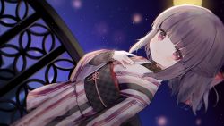 Rule 34 | black bow, black sleeves, blush, bow, child, commission, fallenshadow, flat chest, frilled shirt collar, frilled sleeves, frills, hair bow, hair ribbon, hand on own chest, highres, indie virtual youtuber, japanese clothes, kimono, long sleeves, looking at viewer, moon, night, night sky, pink eyes, pink kimono, railing, ribbon, short hair, sidelocks, skeb commission, sky, smile, solo, toufu mentaru zabuton, virtual youtuber