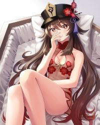 1girl, :d, bare arms, breasts, brown hair, china dress, chinese clothes, cleavage, coffee, dress, floral print, flower, genshin impact, hand on own face, hat, highres, hu tao, lilia creative, long hair, looking at viewer, lying, on back, open mouth, pillow, red eyes, see-through, short dress, sleeveless, sleeveless dress, small breasts, smile, symbol-shaped pupils, thighs, twintails, underwear