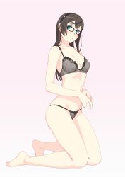 Rule 34 | 1girl, aqua eyes, black hair, blush, bra, breasts, closed mouth, collarbone, full body, glasses, gradient background, grey bra, grey panties, headband, highres, kantai collection, kneeling, lingerie, long hair, looking at viewer, ooyodo (kancolle), own hands together, panties, pink background, simple background, skindentation, small breasts, solo, straight hair, underwear, underwear only, yuuji (and)