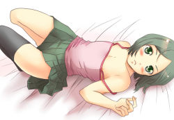 Rule 34 | 1boy, bare shoulders, bed, blush, bob cut, camisole, crossdressing, fate/zero, fate (series), green eyes, green hair, looking at viewer, lying, male focus, matching hair/eyes, mican0216, nipples, on back, pleated skirt, short hair, single thighhigh, skirt, solo, strap slip, thighhighs, trap, waver velvet