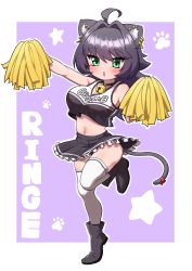 1girl, absurdres, ahoge, animal ear fluff, animal ears, bangs, bare arms, bare shoulders, bell, black choker, black footwear, black hair, black panties, black skirt, blush, boots, breasts, cat ears, cat girl, cat tail, character name, cheerleader, choker, clothes writing, commentary, crop top, ear piercing, eyebrows visible through hair, frilled skirt, frills, green eyes, highres, jingle bell, large breasts, long hair, looking at viewer, midriff, mole, mole under eye, navel, neck bell, ngetyan, open mouth, original, outline, panties, piercing, pom poms, purple background, ribbon, ringe (ngetyan), simple background, skirt, solo, standing, standing on one leg, tail, tail ornament, tail ribbon, thighhighs, tiptoes, underwear, white legwear, white outline