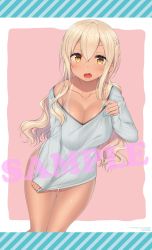 Rule 34 | 1girl, absurdres, blonde hair, blue nails, blush, braid, breasts, cleavage, clothes pull, collarbone, dark skin, dark-skinned female, fang, fingernails, french braid, grey sweater, hand up, highres, large breasts, long hair, looking at viewer, nail polish, naked sweater, nekoume, open mouth, orange eyes, original, pulling own clothes, ribbed sweater, sample watermark, sleeves past wrists, solo, sweater, sweater pull, tan, tanline, thigh gap, watermark