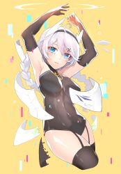 Rule 34 | 1girl, ahoge, armpits, bad id, bad pixiv id, bare shoulders, black gloves, black hairband, black leotard, black thighhighs, blue eyes, braid, breasts, commentary request, covered navel, cropped legs, elbow gloves, garter straps, gloves, hair between eyes, hair ornament, hairband, highres, honkai (series), honkai impact 3rd, huyou (awegk), kiana kaslana, kiana kaslana (knight moonbeam), large breasts, leotard, long hair, looking at viewer, low twintails, parted lips, silver hair, solo, thighhighs, twin braids, twintails, very long hair, yellow background