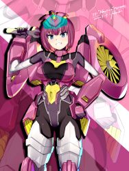 Rule 34 | 1girl, absurdres, artist name, blue eyes, breasts, character name, clenched hand, commission, commissioner upload, dated, hand on own hip, highres, holding, holding wrench, i.takashi, looking at viewer, mecha musume, medium breasts, nautica (transformers), personification, pink hair, short hair, skeb commission, smile, solo, the transformers (idw), transformers, wrench, zoom layer