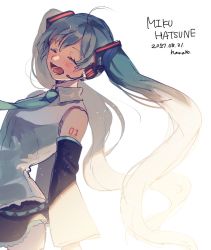 Rule 34 | 1girl, 2017, :d, ^ ^, artist name, backlighting, bare shoulders, black skirt, blue hair, blue necktie, blush, breasts, character name, closed eyes, clothes lift, commentary, dated, detached sleeves, eyelashes, floating hair, hair between eyes, hanako151, hatsune miku, headset, light particles, long hair, medium breasts, necktie, number tattoo, open mouth, shirt, shoulder tattoo, simple background, skirt, sleeveless, sleeveless shirt, smile, solo, sunlight, tattoo, teeth, twintails, upper body, very long hair, vocaloid, white background, white shirt