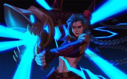 Rule 34 | 1girl, arcane: league of legends, arcane jinx, artist name, asymmetrical bangs, bare shoulders, belt, black background, blue background, blue hair, braid, breasts, cowboy shot, crying, fingerless gloves, gloves, glowing, holding, holding weapon, jinx (league of legends), league of legends, long hair, navel, over shoulder, pants, pink eyes, pink pants, pockicchi, rocket launcher, solo, stomach, streaming tears, striped clothes, striped pants, tears, twin braids, weapon, weapon over shoulder