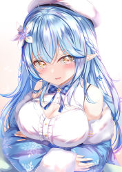 Rule 34 | 1girl, bare shoulders, blue hair, bow, bowtie, braid, breasts, cleavage, cleavage cutout, clothing cutout, flower, fur trim, hair flower, hair ornament, half updo, hat, highres, hololive, large breasts, long hair, long sleeves, looking at viewer, off shoulder, pointy ears, shirt, sidelocks, solo, upper body, virtual youtuber, white hat, white shirt, wide sleeves, yellow eyes, yuano, yukihana lamy