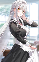 Rule 34 | 1girl, apron, black dress, black gloves, blush, braid, breasts, commentary request, dress, frills, gloves, highres, kfr, large breasts, long hair, long sleeves, looking at viewer, maid, maid apron, maid headdress, original, smile, solo, white apron, white hair, window, yellow eyes