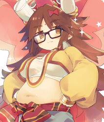 Rule 34 | 1girl, :3, bow, bracelet, breasts, brown eyes, brown hair, elephant hat, fate/grand order, fate (series), ganesha (fate), glasses, hair bow, hands on own hips, jewelry, jinako carigiri, large breasts, long hair, mouse (animal), mouse on shoulder, navel, plump, yuzuki gao